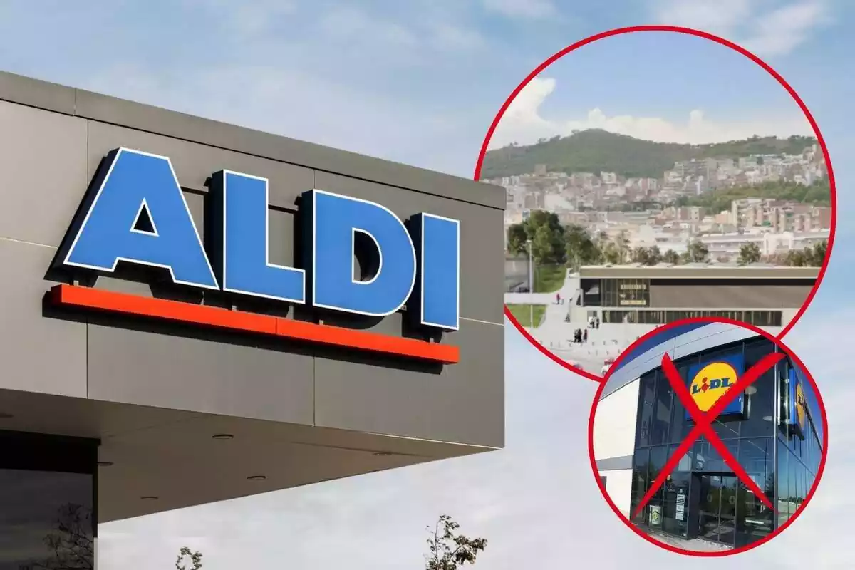 Muntatge de fotos d´un establiment Aldi i, al costat, una foto del projecte de remodelació del Mercat de Montserrat a Nou Barris (Barcelona) i una altra imatge d´un supermercat Lidl amb una creu vermella