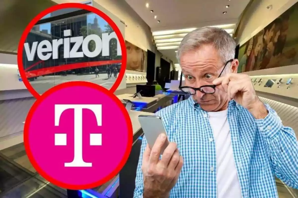 An elderly man with a surprised expression looks at his phone in a tech store, with the Verizon and T-Mobile logos overlaid.
