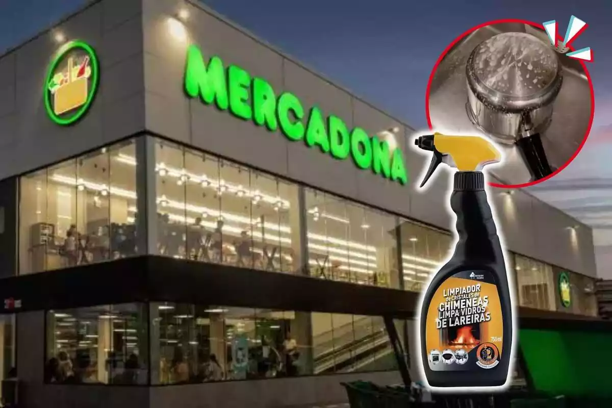 Muntatge de fotos d'una botiga Mercadona i, en un cercle, la captura de pantalla d'un TikTok provant un producte del supermercat esmentat