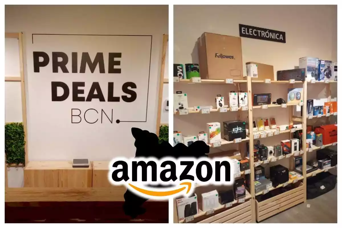 Muntatge de fotos de l'interior de la botiga Prime Deals de Barcelona i el logotip d'Amazon davant
