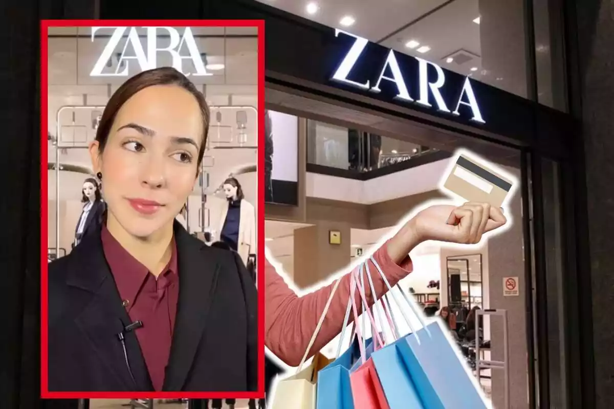 Muntatge de fotos d?una extrabaixadora de Zara parlant a TikTok sobre trucs per a les rebaixes i, de fons, una imatge d?una botiga Zara amb una mà subjectant una targeta amb bosses de compra