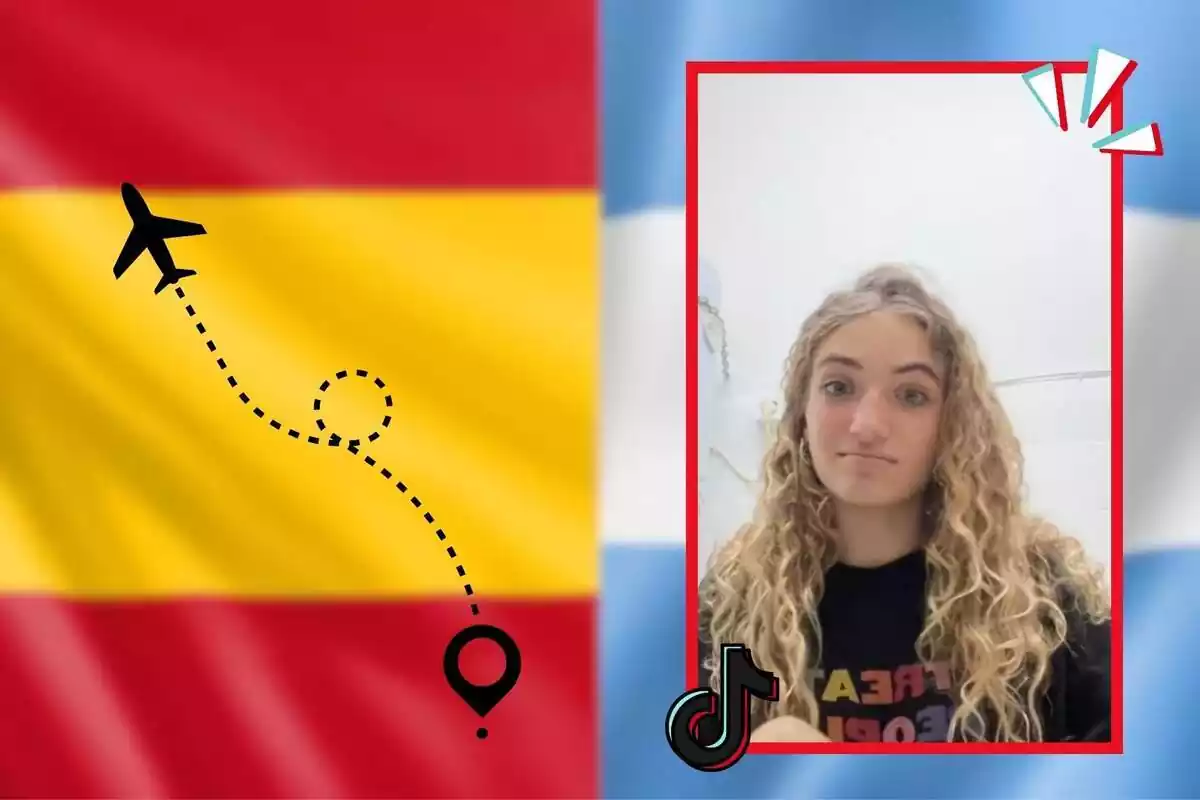 Muntatge de fotos d?una tiktoker argentina amb la bandera del seu país de fons i, al costat, la bandera d?Espanya amb un emoji d?un avió