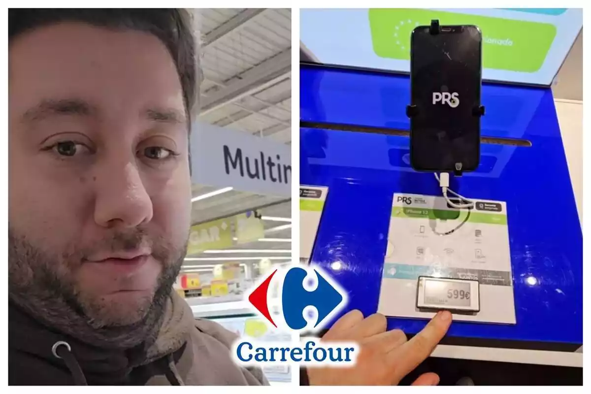 Muntatge de fotos del tiktoker @bernabedspep amb cara seriosa i, al costat, una imatge de la mà assenyalant un iPhone a l'interior d'un Carrefour