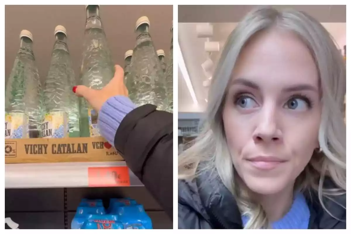 Muntatge de fotos de la tiktoker @morganinspain amb rostre seriós i, al costat, una imatge de la mà subjectant una ampolla d'aigua amb gas