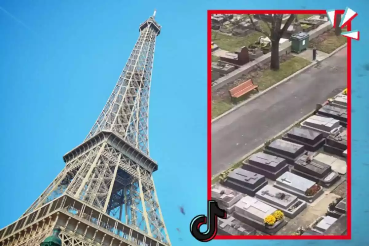 Muntatge de fotos de la Torre Eiffel de París i, al costat, la captura de pantalla d'un TikTok d'unes viatgeres que mostren les vistes des d'un hotel de la ciutat esmentada on apareixen diverses tombes