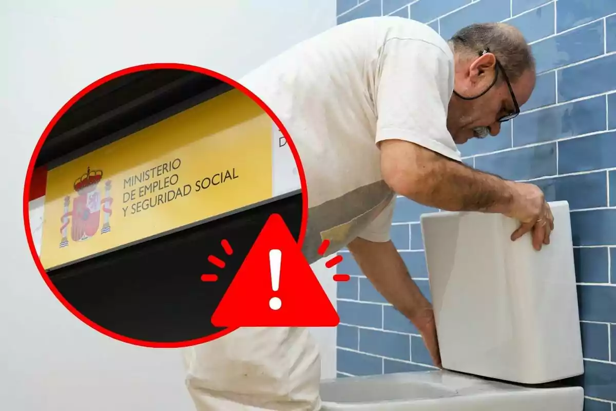 Un hombre trabajando en la instalación de un inodoro con un letrero del Ministerio de Empleo y Seguridad Social en un círculo rojo con un signo de advertencia. Un hombre trabajando en la instalación de un inodoro con un letrero del Ministerio de Empleo y Seguridad Social en un círculo rojo con un signo de advertencia.
