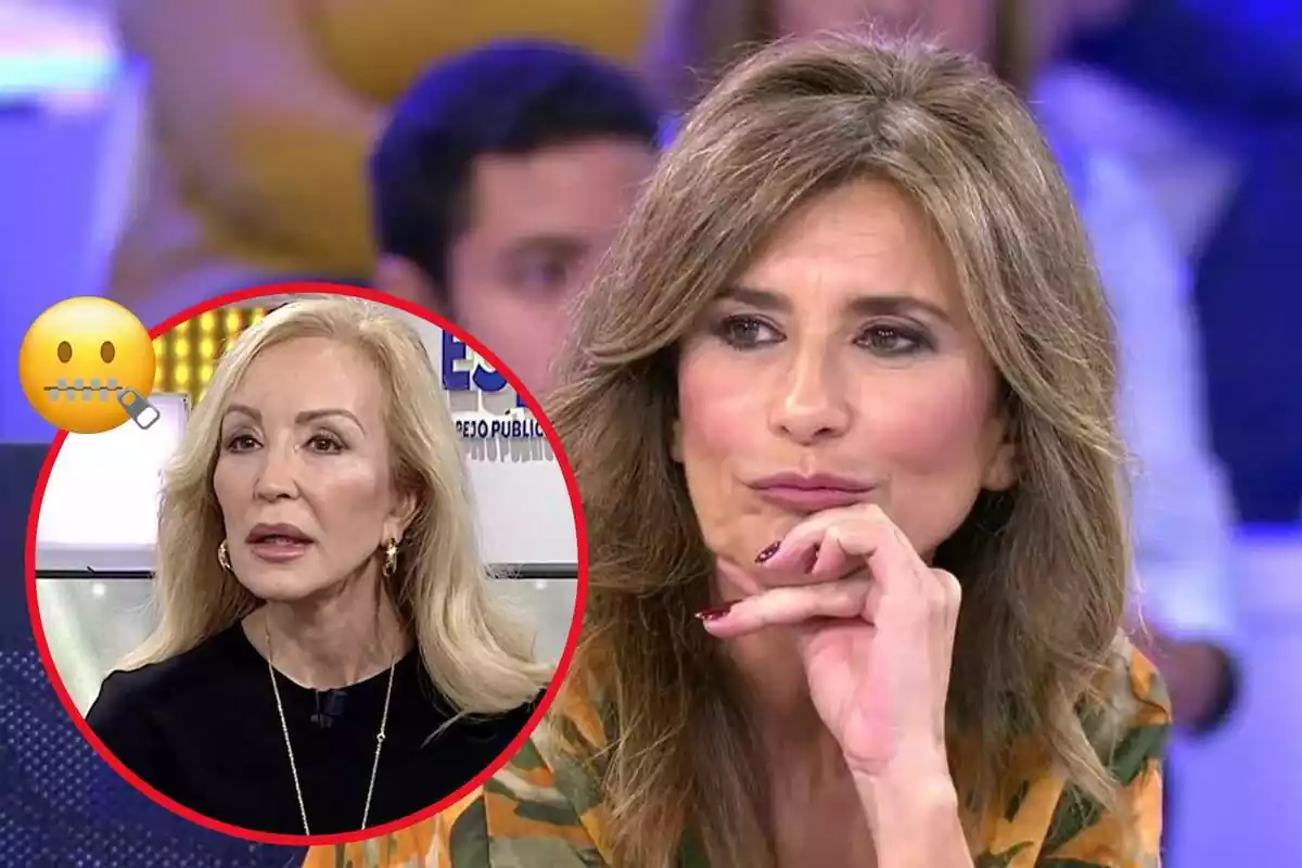 Muntatge de Gema López quan era a Telecinco amb una foto rodona de Carmen Lomana i la icona d'un ninot amb la boca tancada