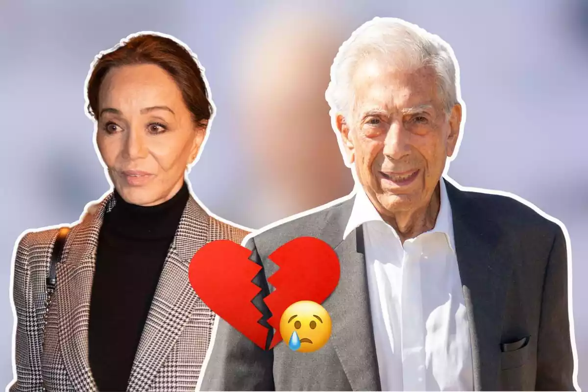 Muntatge d'Isabel Preysler i Mario Vargas Llosa, tots dos vestits formals en tons foscos. Ella mirant cap a lesquerra i ell a la càmera amb emoji de cor trencat i un altre plorant