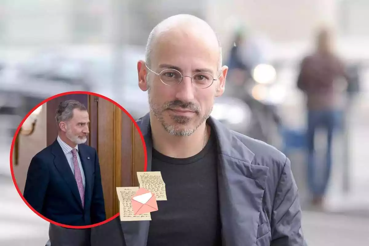 Muntatge de Jaume del Burgo amb la cara seriosa i una foto de Felip adornada amb uns dibuixos d'una carta