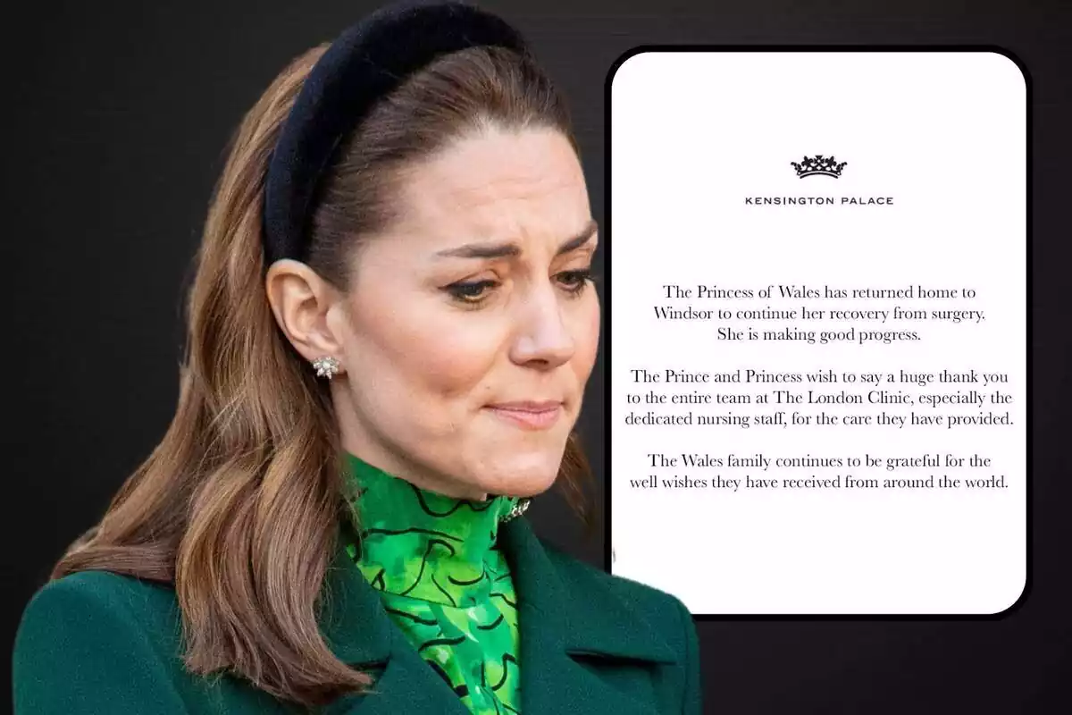 Muntatge de Kate Middleton en primer pla amb un comunicat emès per la casa reial britànica
