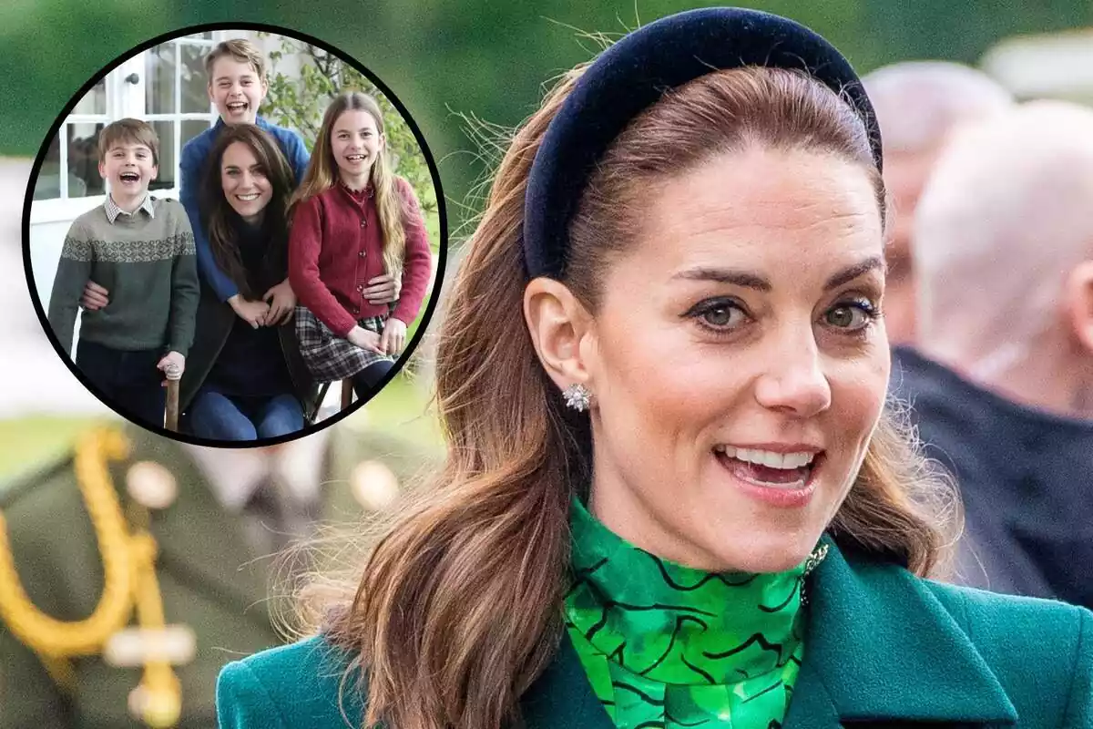 Muntatge en primer pla de Kate Middleton amb una imatge amb els seus fills