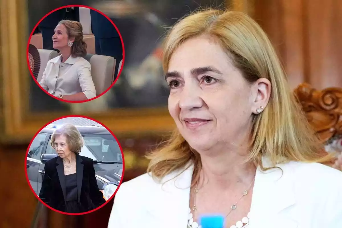 Muntatge de la infanta Cristina amb la infanta Elena i donya Sofia, estàs dues darreres somrients i situades a la dreta