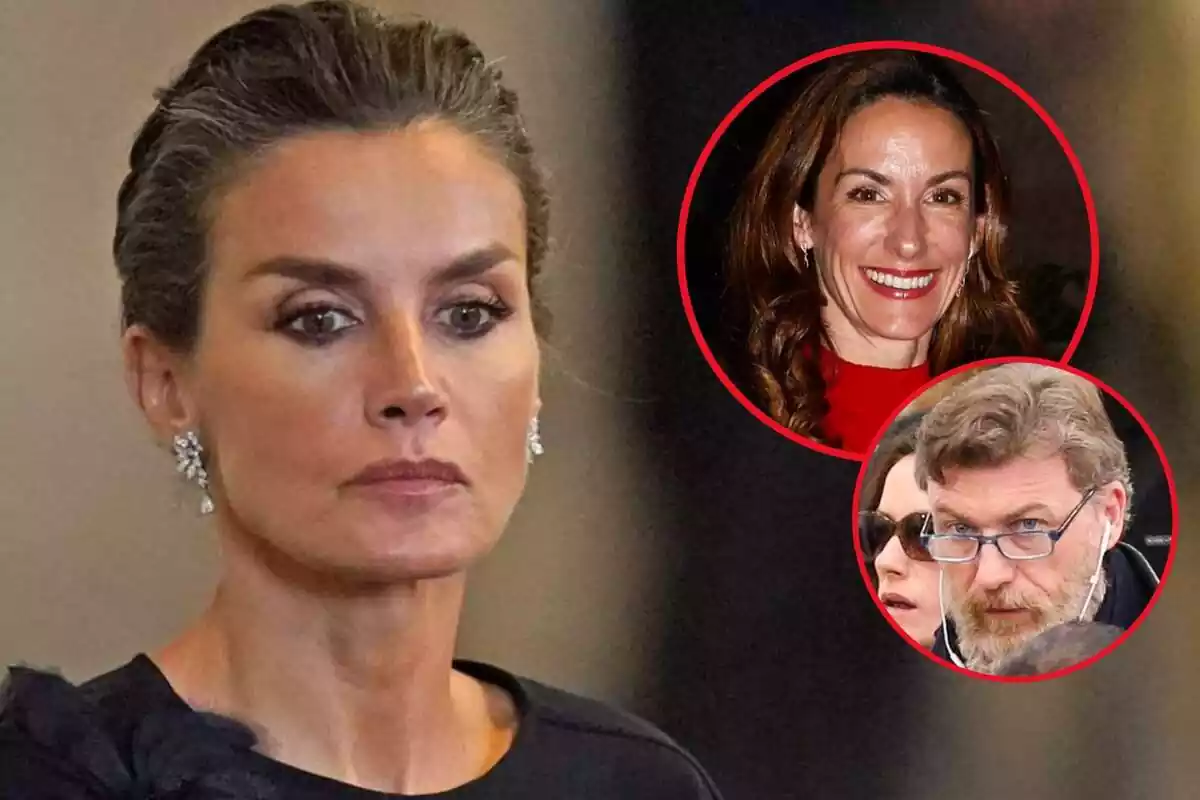 Muntatge amb la cara de Letizia completament seriosa al costat d'una imatge de Robert Gavin seriós i Telma Ortiz somrient