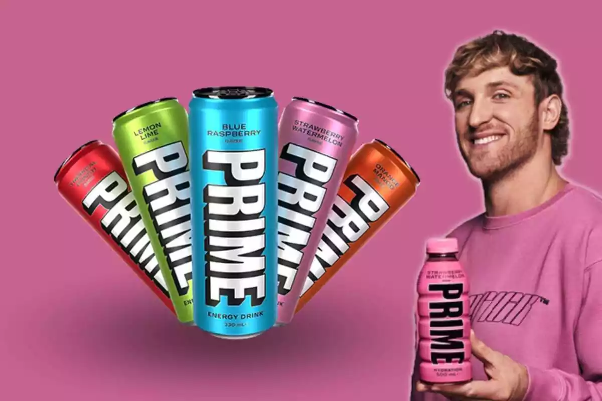 Muntatge de Logan Paul amb la seva beguda 'Prime' en fons rosa