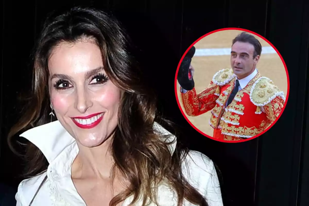 Muntatge de Paloma Cuevas somriendo són una foto d'Enrique Ponce torejant