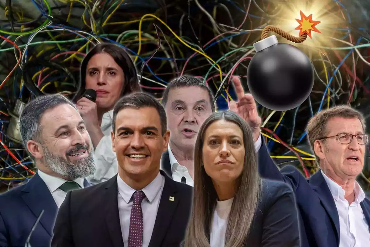 Muntatge de polítics espanyols amb una bomba a punt d'esclatar amb cables de fons