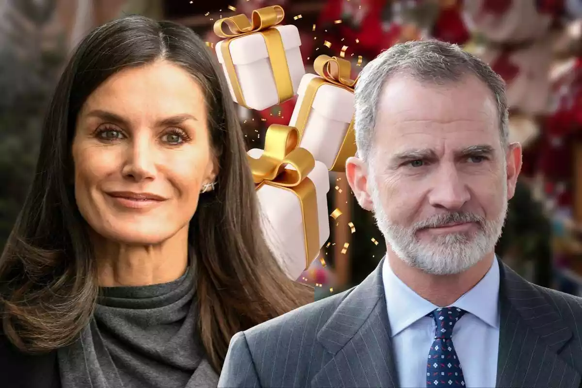 Muntatge de primer pla de la reina Letizia al costat del rei Felip i uns regals