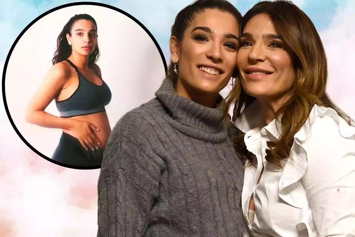 Muntatge de Raquel Bollo amb la seva filla Ànima i una imatge seva embarassada