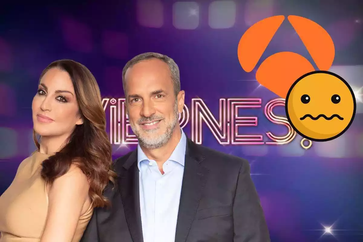Muntatge de la portada de '¡De Viernes!', Bea Archidona donant l'esquena a Santi Acosta somrient, el logotip d'Antena 3 i un emoji tremolant