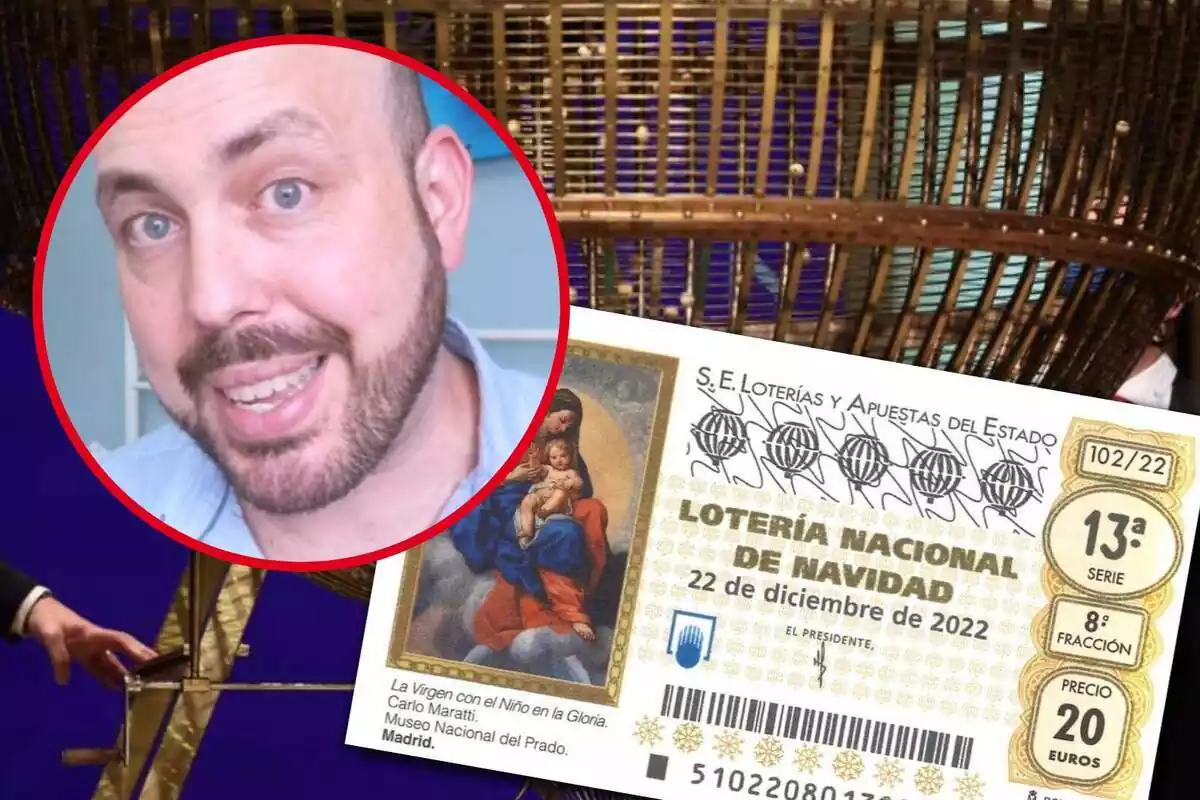 Muntatge amb el bombo del Sorteig de la Loteria de Nadal de fons, un dècim de loteria i un cercle amb la cara del tiktoker David Hernando