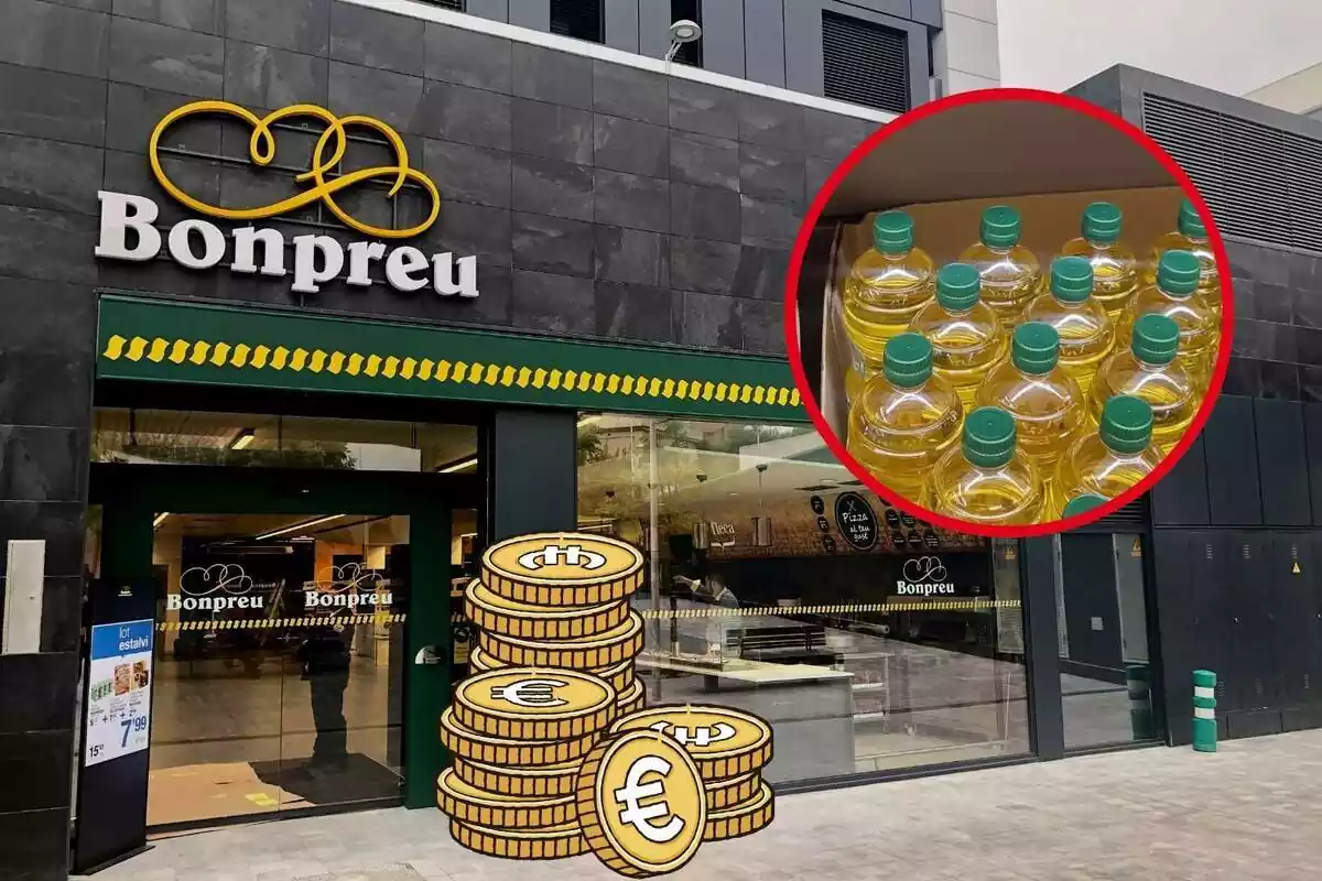 Muntatge del supermercat Bonpreu amb una imatge de l´oli d´oliva i monedes d´euro