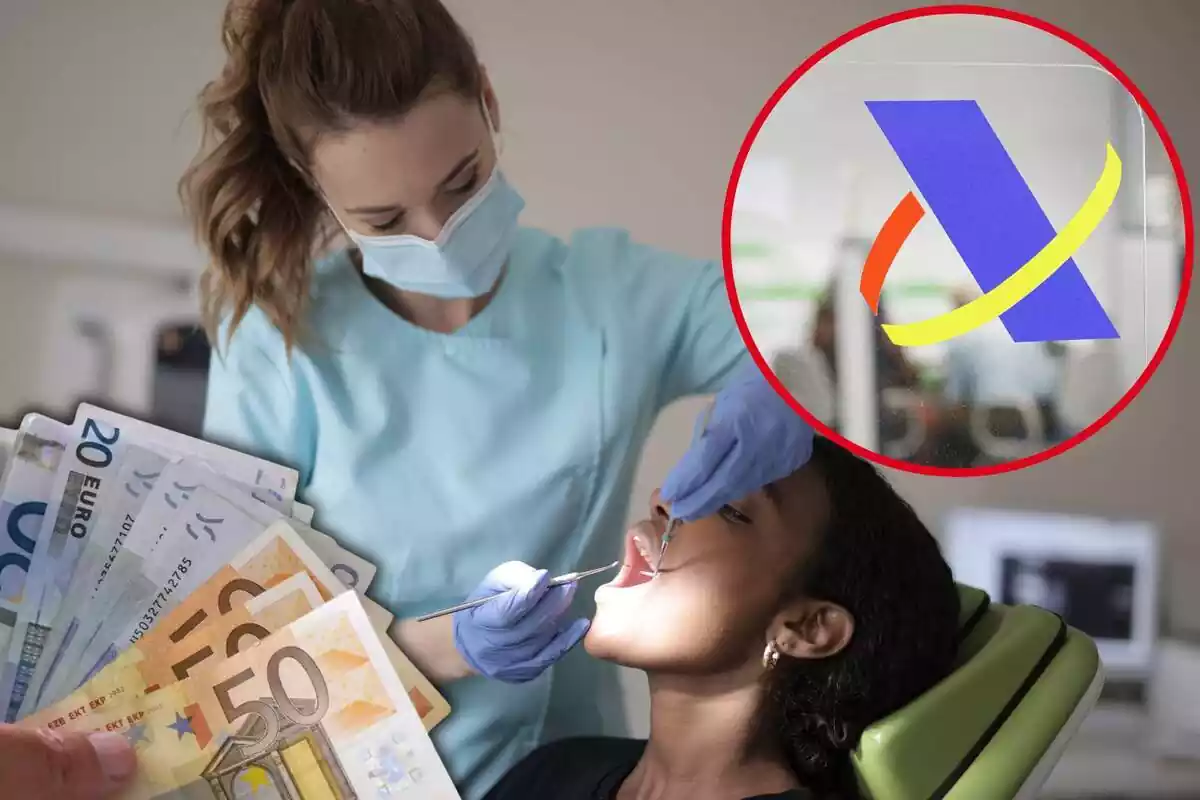 Una dona és atesa al dentista, amb uns bitllets a la part inferior esquerra, i al cercle, el logo d'Hisenda