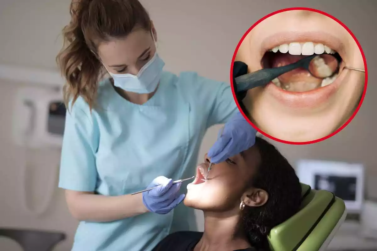 Una dentista atén una pacient, i al cercle, l?interior d?una boca
