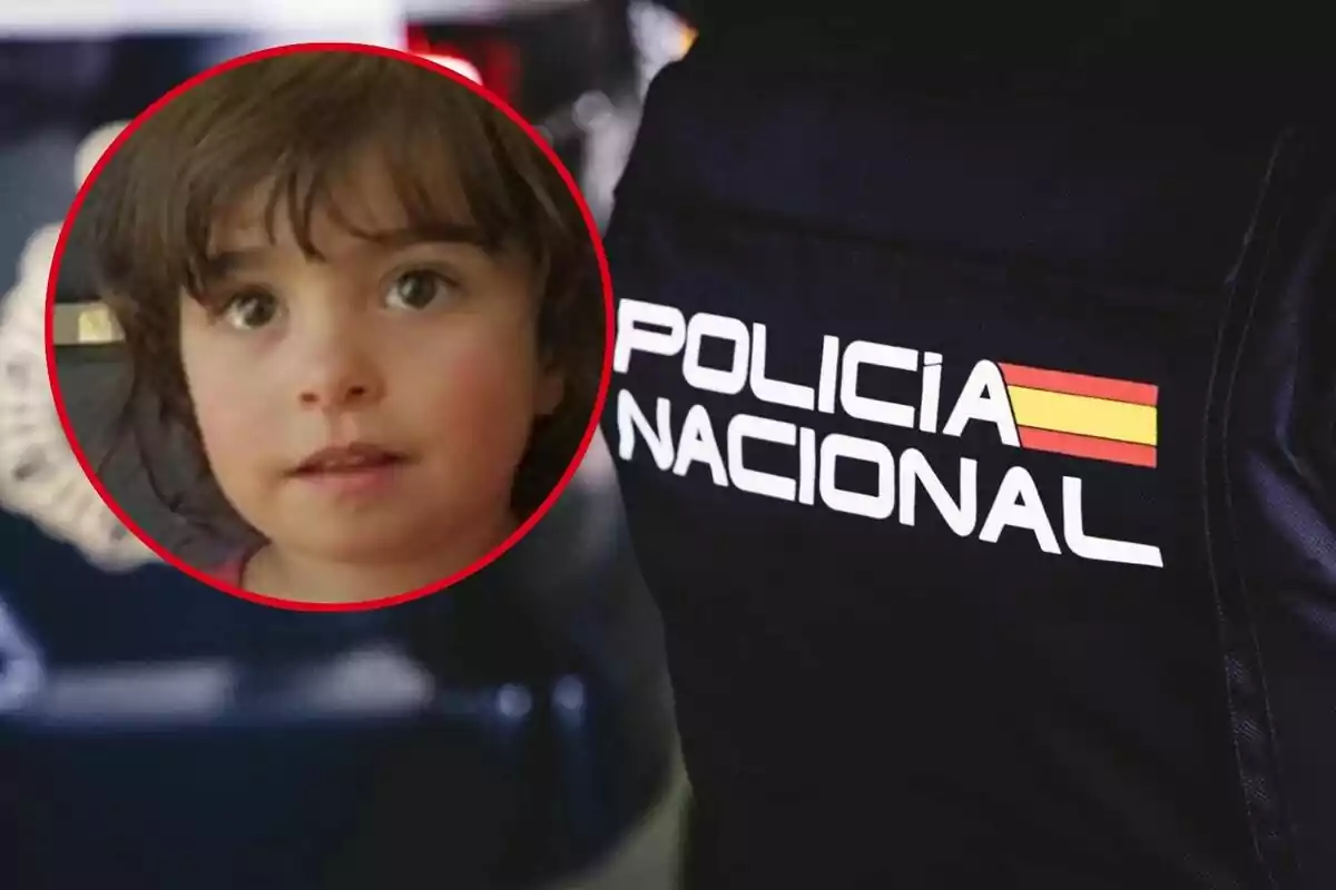 Una imatge mostra una nena en un cercle vermell superposat sobre un uniforme de la Policia Nacional.