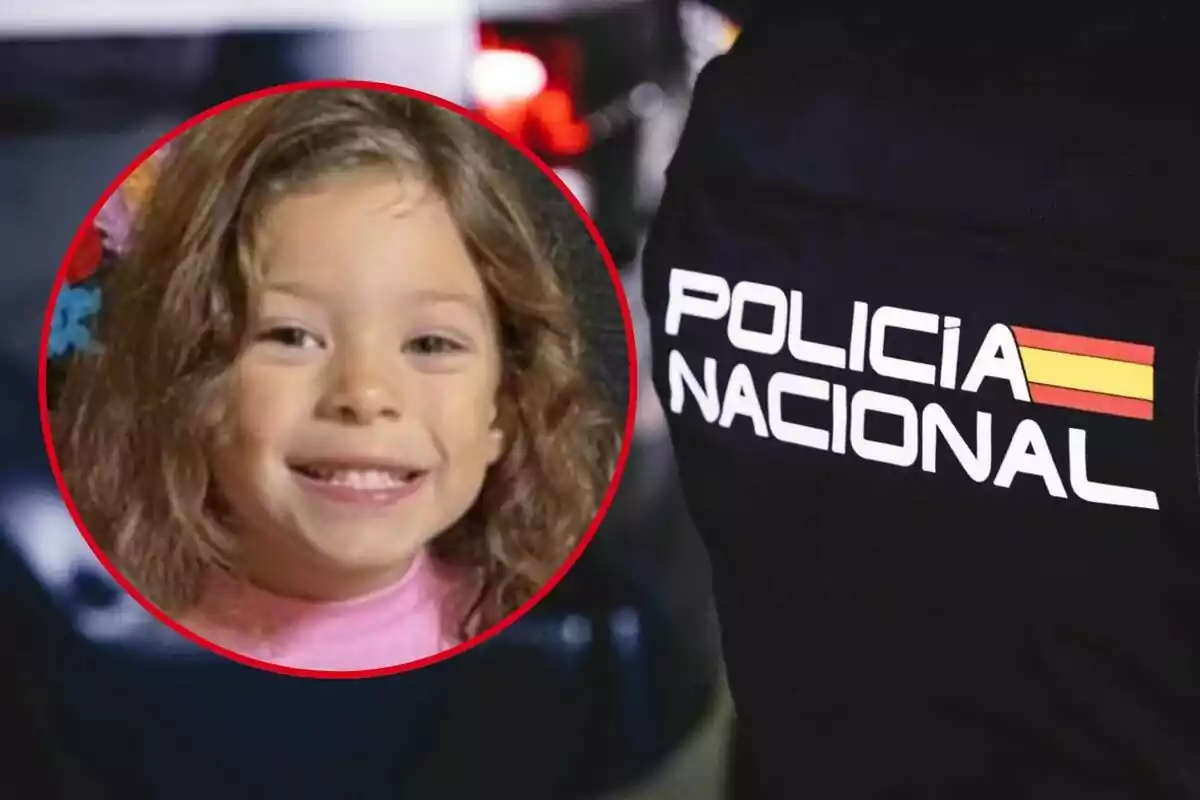 Una imatge mostra una nena somrient en un cercle vermell amb un uniforme de la Policia Nacional.