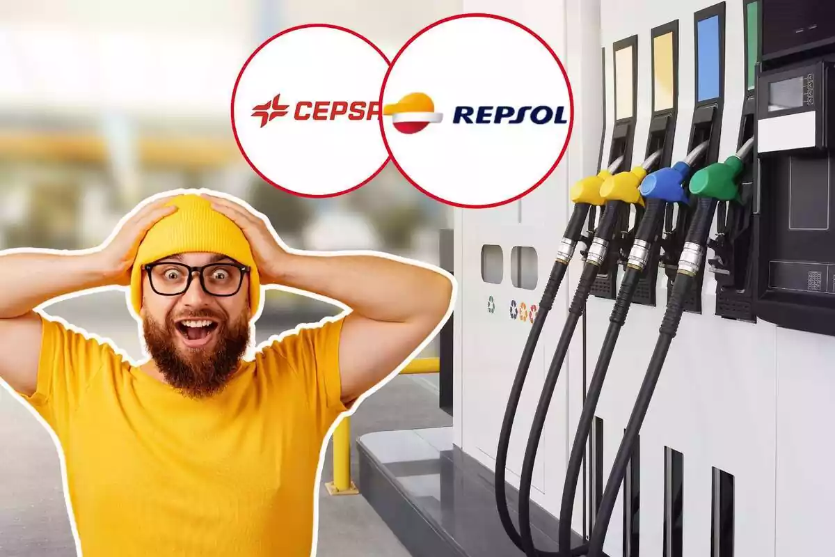 Una benzinera, amb un home emportant-se les mans al capdavant i el logotip de Respol i Cepsa