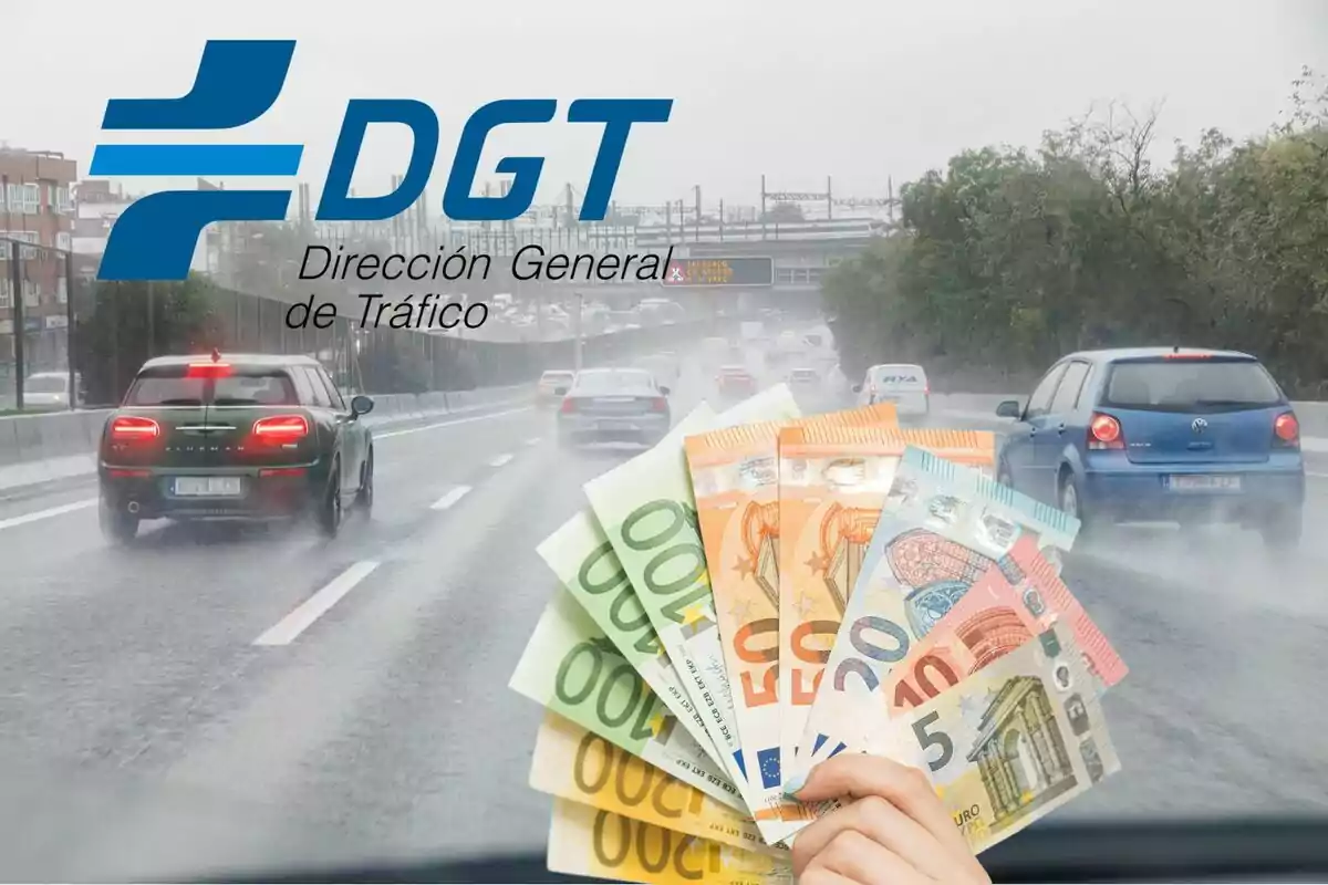 Muntatge d´una autovia amb pluja, el logo de la DGT i bitllets d´euro
