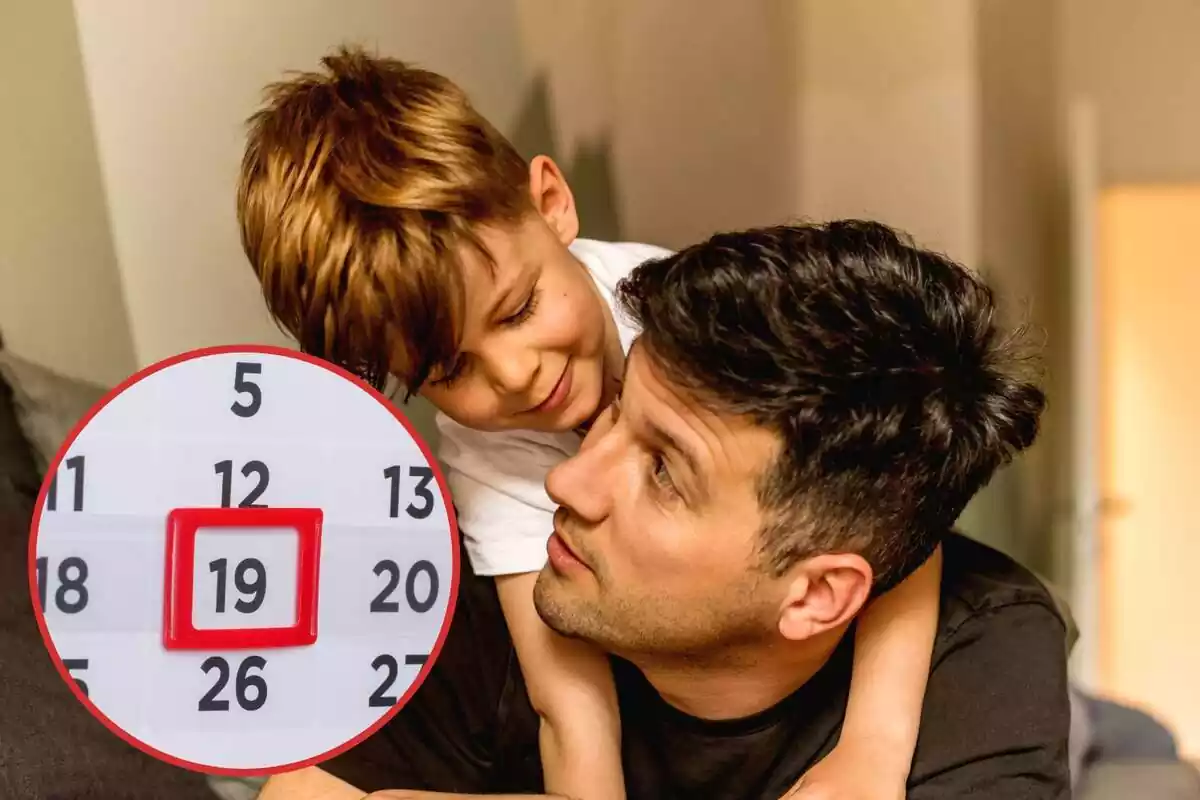 Un pare rep l'abraçada del seu fill, i al cercle, un calendari amb el 19 en vermell