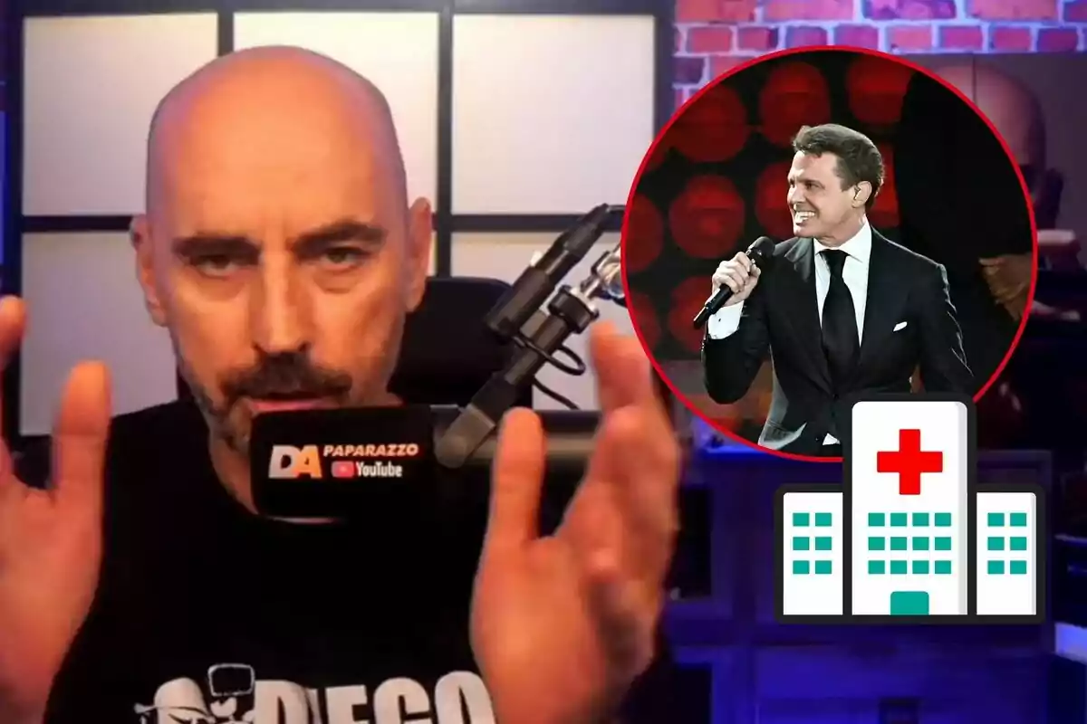 Diego Arrabal parlant davant d'un micròfon amb el logotip de "DA Paparazzo YouTube" i una imatge circular de Luis Miguel cantant en un escenari, al costat d'una icona d'hospital.