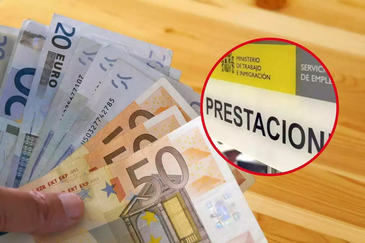 Muntatge de bitllets de 20 i 50 euros amb un rètol de prestacions del SEPE