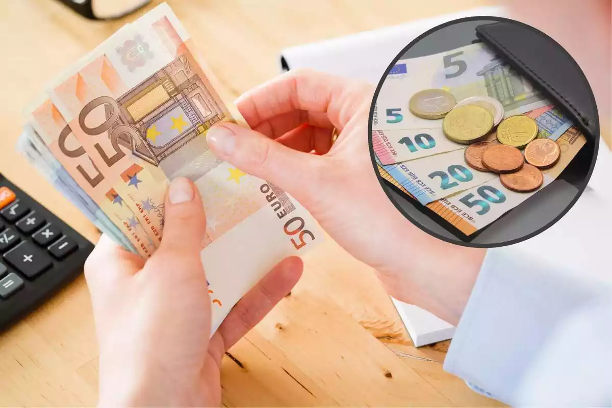 Una persona maneja bitllets d'euro, i al cercle, una cartera amb bitllets i monedes