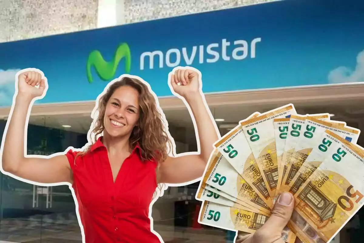 Mujer sonriente con los brazos levantados frente a una tienda de Movistar, sosteniendo billetes de 50 euros.