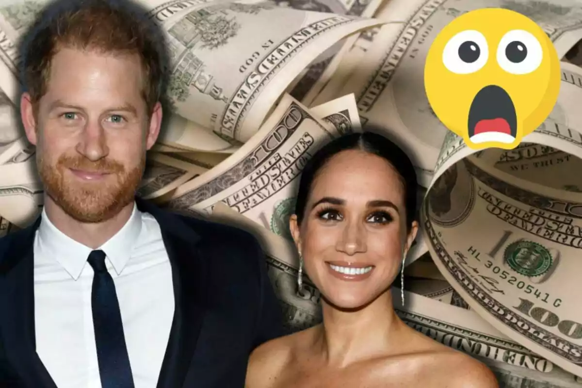 Prince Harry and Meghan Markle smiling in front of a background of dollar bills with a surprised emoji.