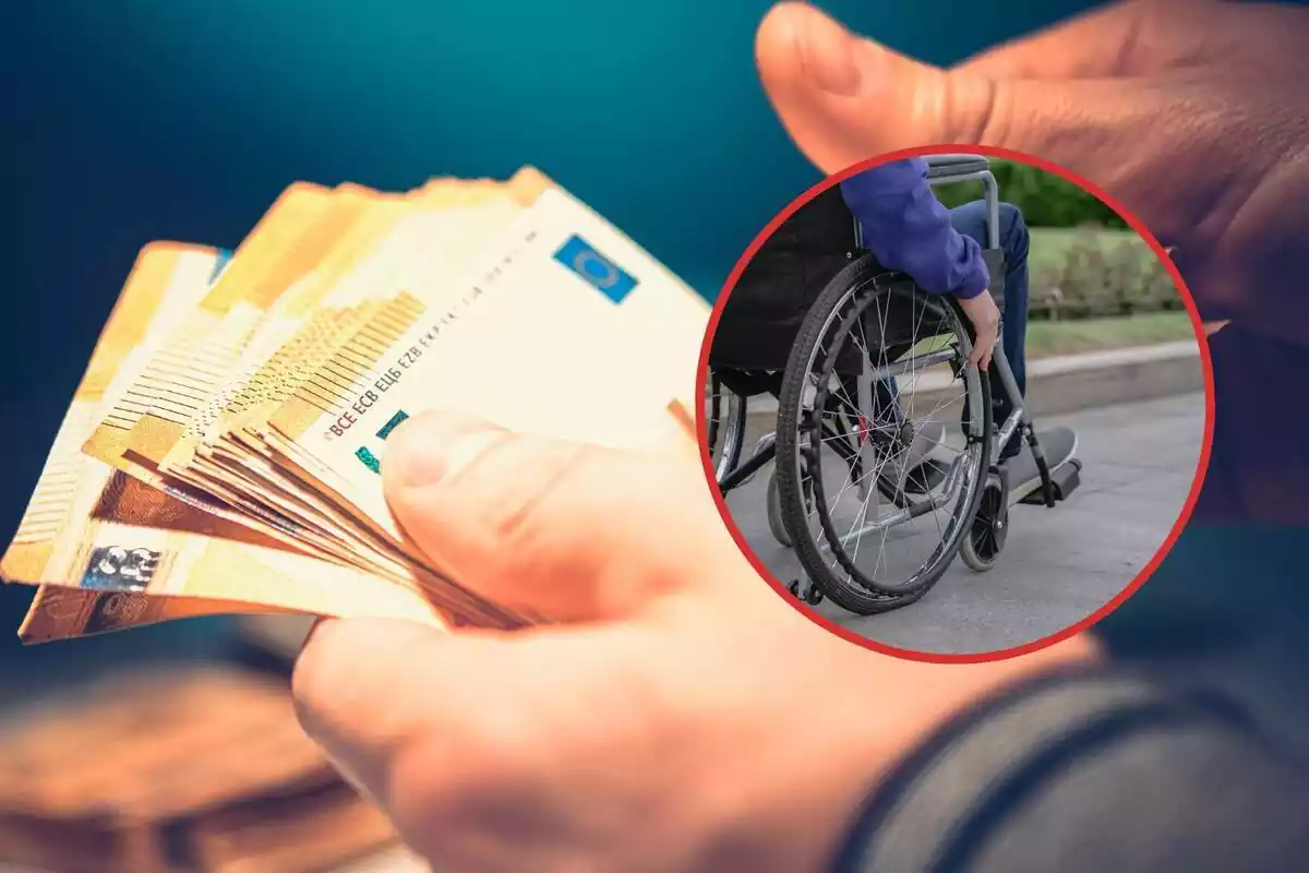 Muntatge amb bitllets d'euro i un cercle amb discapacitat en cadira de rodes