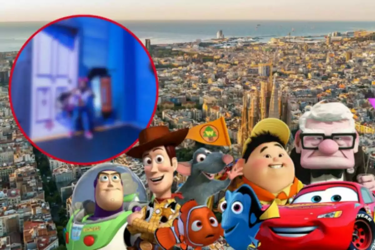 Muntatge de Barcelona amb diversos personatges de Disney Pixar i l'exposició Món Pixar