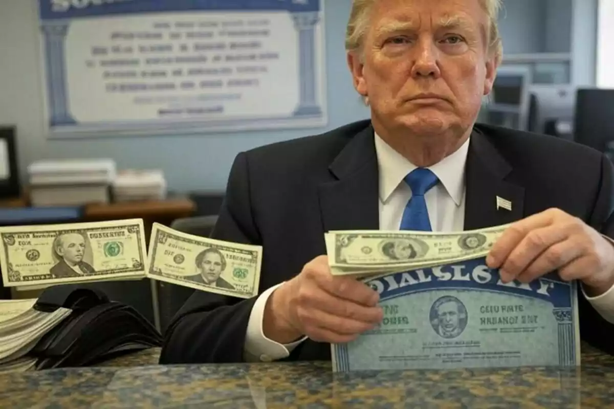 A man in a suit holds counterfeit bills in an office.