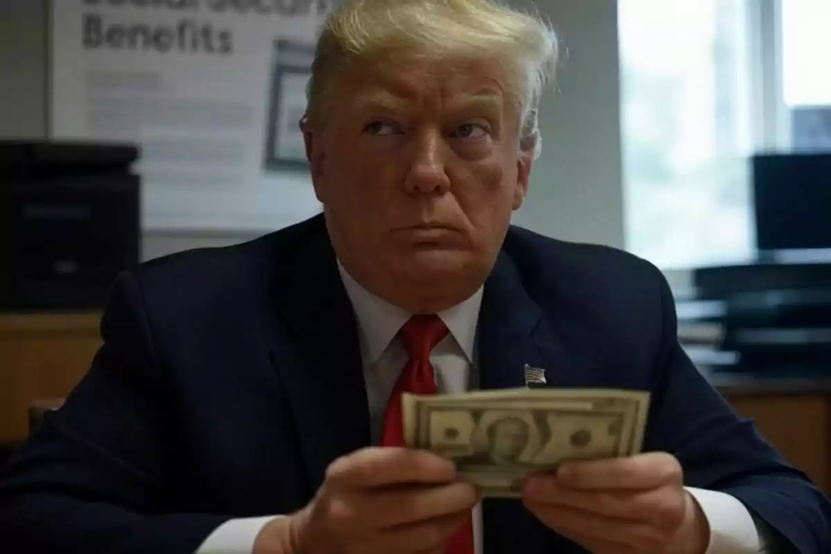 A man in a dark suit and red tie holds bills while looking to the side in an office. A man in a dark suit and red tie holds bills while looking to the side in an office.