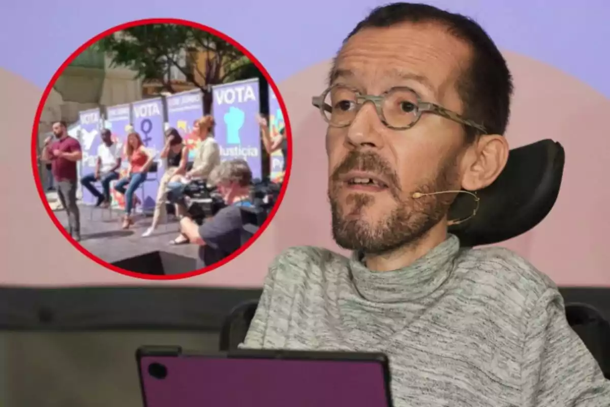 Muntatge de Pablo Echenique i el vídeo d'un míting de Podem