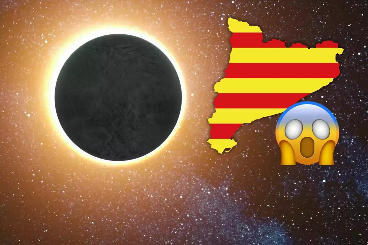 Eclipse solar con un mapa de Cataluña y un emoji sorprendido.