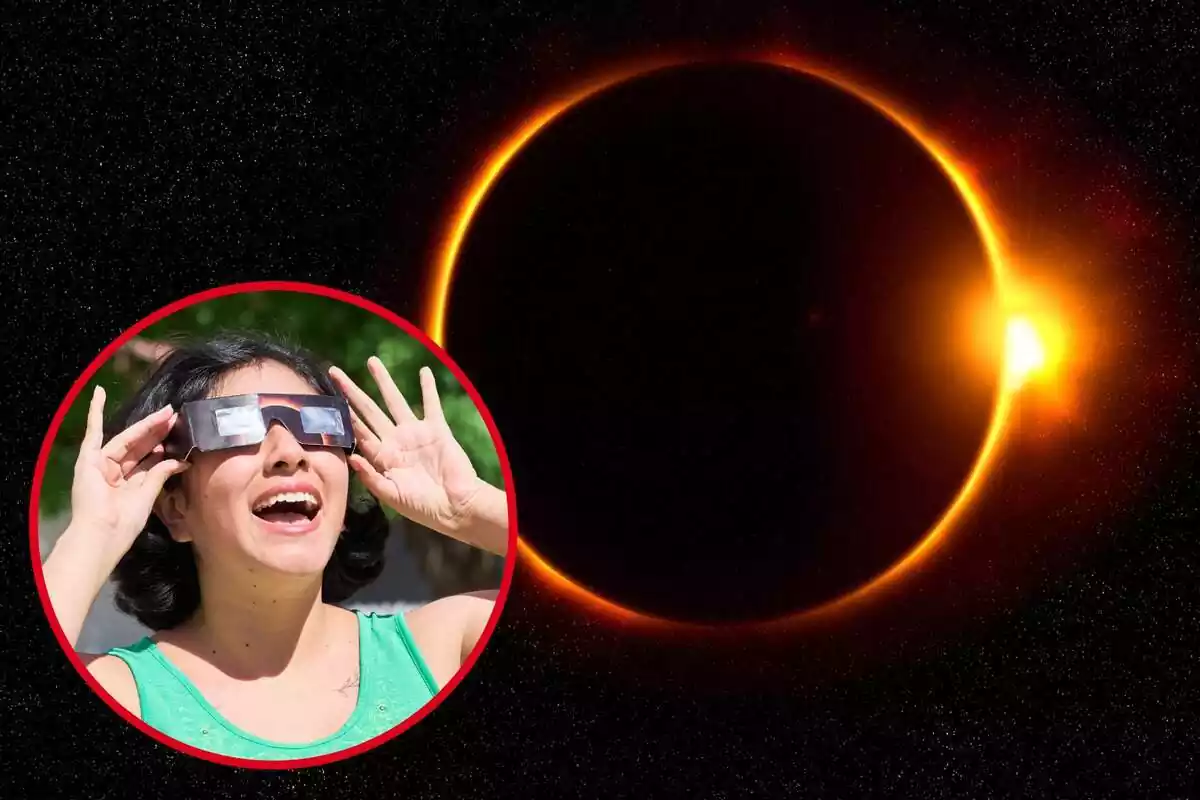 Muntatge amb un eclipsi solar i un cercle amb una dona amb la boca oberta i mirant al cel amb unes ulleres per a eclipsi solar