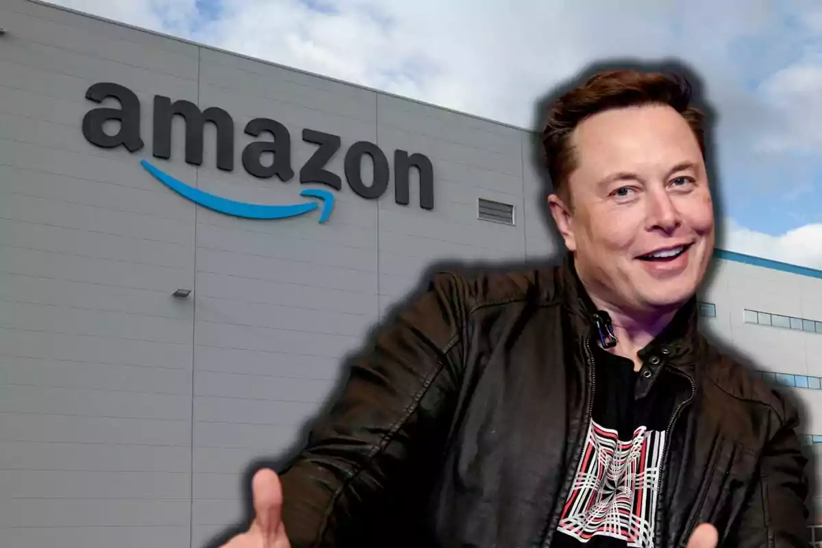 Montaje de un edificio de Amazon con Elon Musk sonriendo con cazadora negra