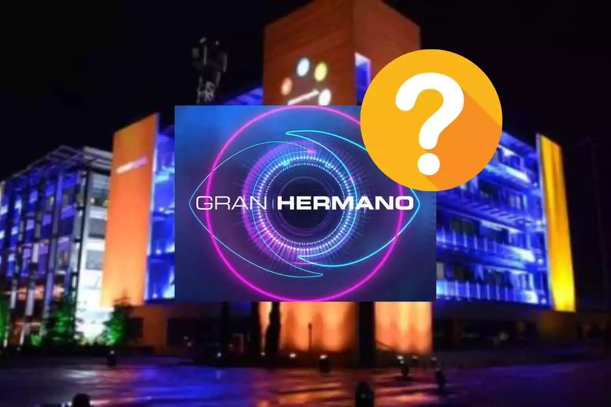 Muntatge amb l'edifici de Mediaset al fons, el logotip de 'Gran Hermano' i un interrogant blanc sobre groc