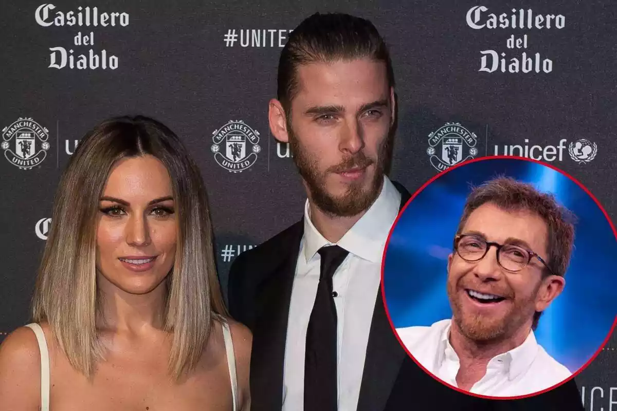 Muntatge d'Edurne somrient en tirants blancs amb David de Gea somrient en vestit negre i Pablo Motos rient amb camisa blanca