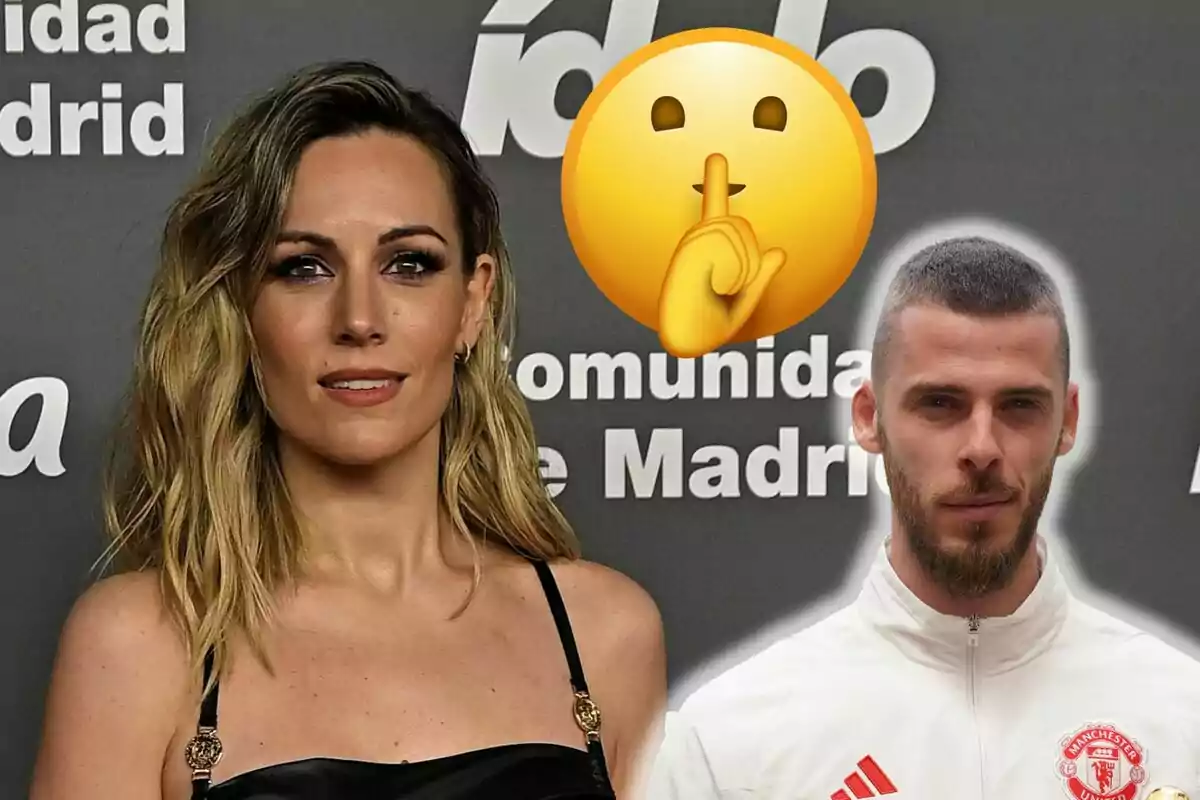 Edurne i David de Gea posen davant d'un fons amb text, amb un emoji de silenci superposat.