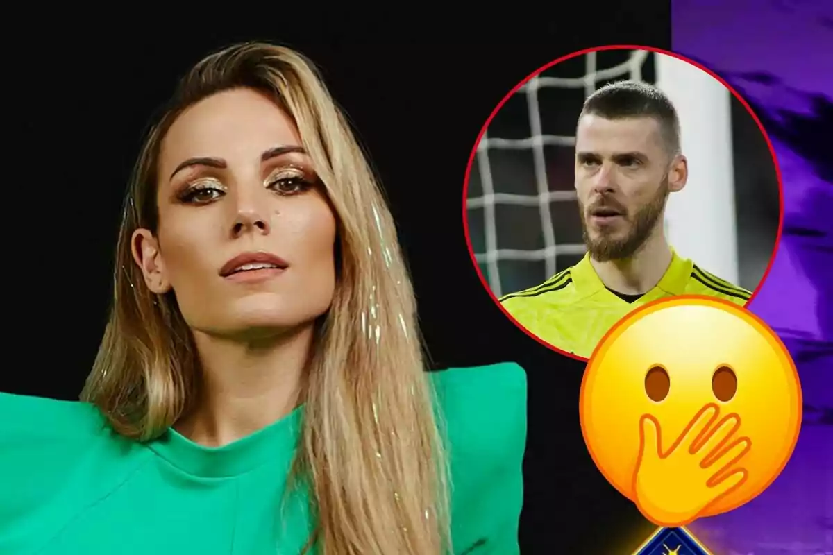 Edurne amb cabell ros i maquillatge brillant, amb una imatge circular de David de Gea amb uniforme esportiu groc i un emoji de sorpresa.