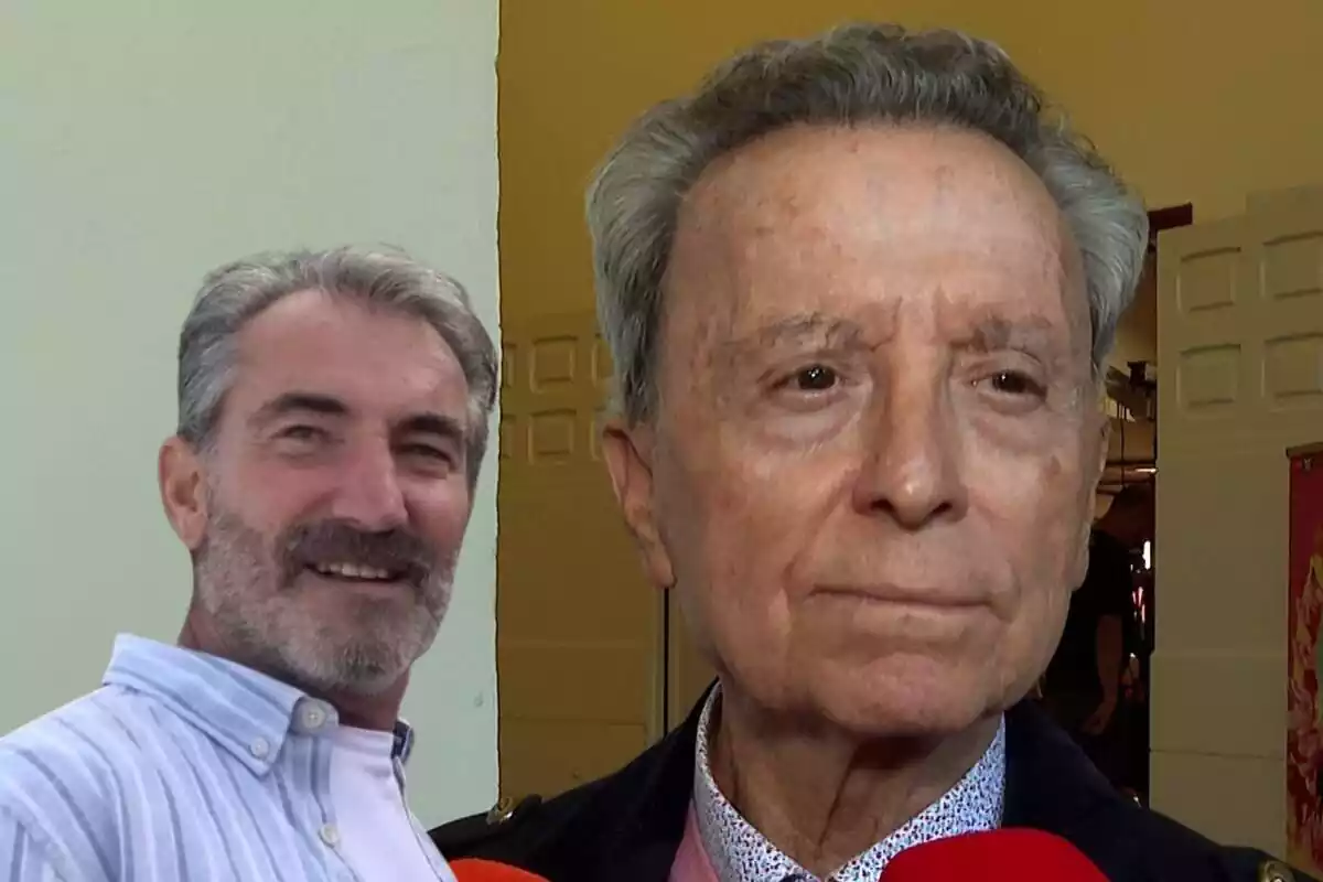 Muntatge d'Eladio, nuvi d'Ana María Aldón, somrient i José Ortega Cano seriós davant la premsa
